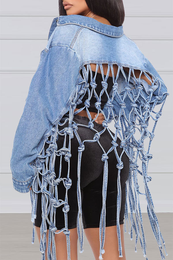 Solid Color Stylish Tassels Denim Jacket