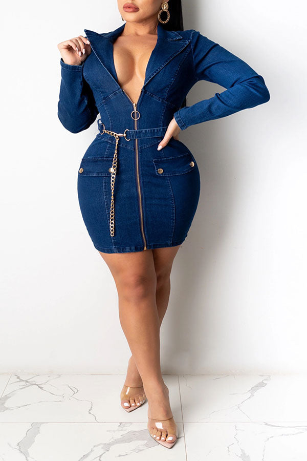 Blue On-trend Zipper Denim Mini Dress