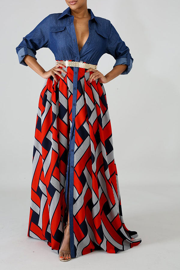 Demin Patchwork Stylish Single Breasted Maxi Dress