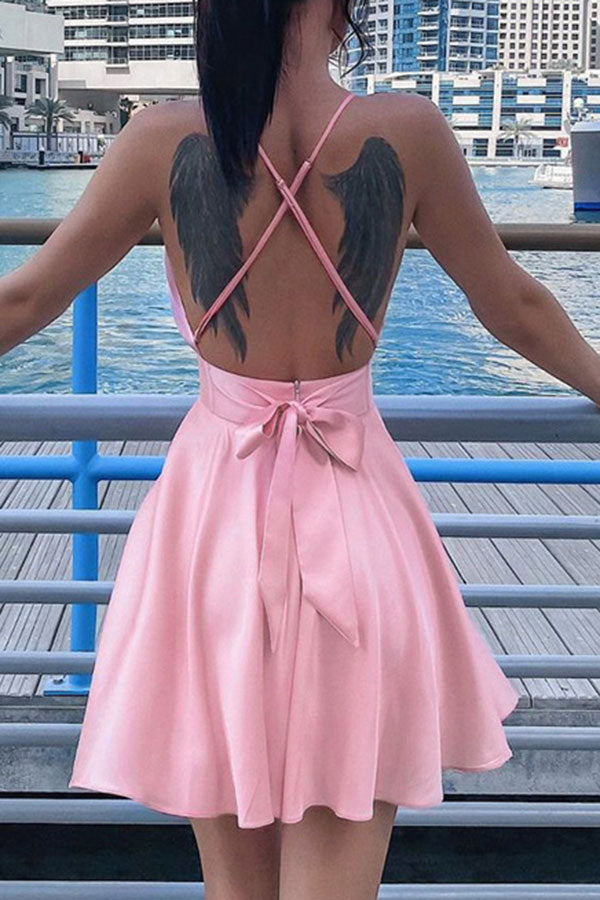 Solid Color Glamorous Deep V Neck Backless Mini Dress