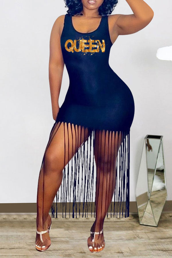 Letter Print Feminine Tassel Mini Dress