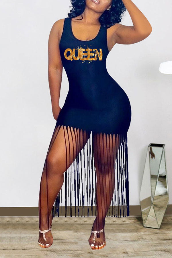 Letter Print Feminine Tassel Mini Dress