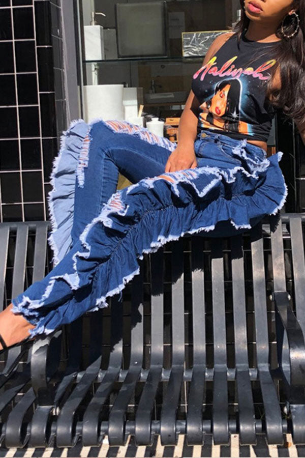 Solid Color Chic Denim Hollow Out Jeans