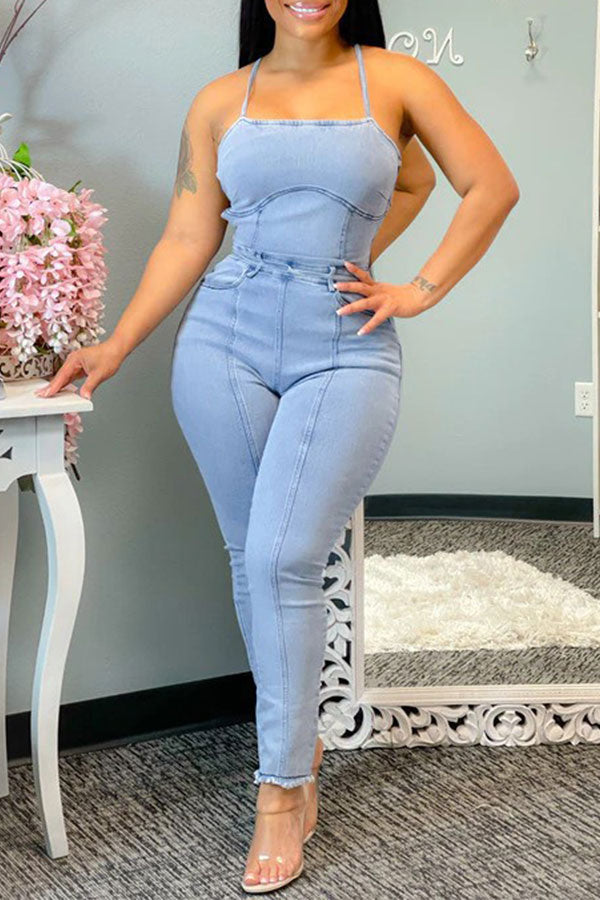 Light Blue Pretty Backless Jumpsuit
