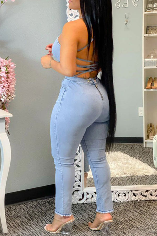 Light Blue Pretty Backless Jumpsuit