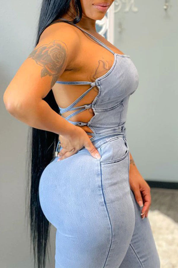 Light Blue Pretty Backless Jumpsuit