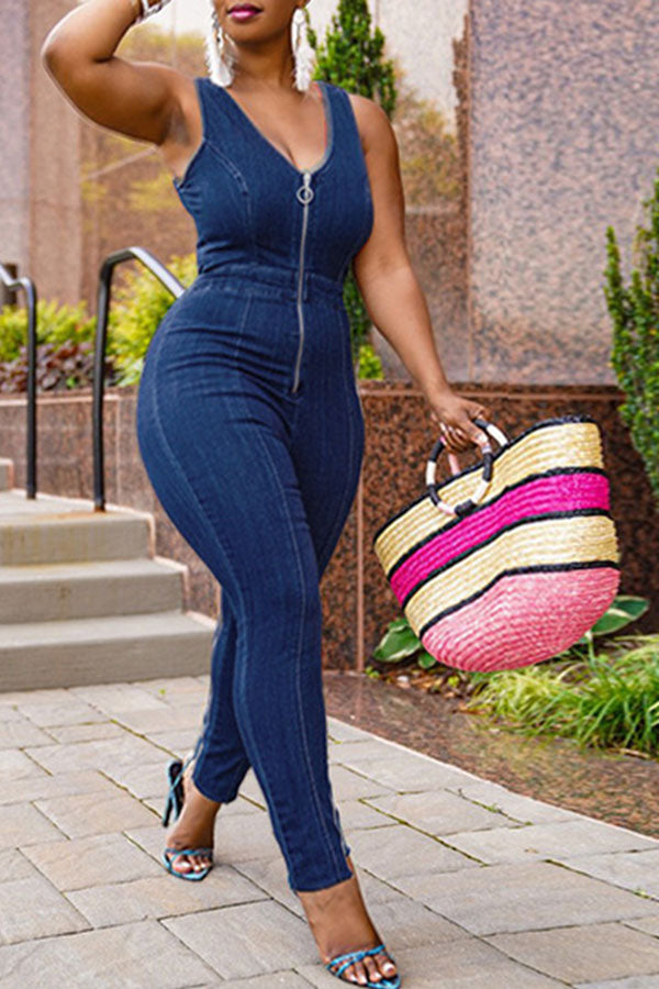 Solid Color On-trend Zip Through Demin Jumpsuit