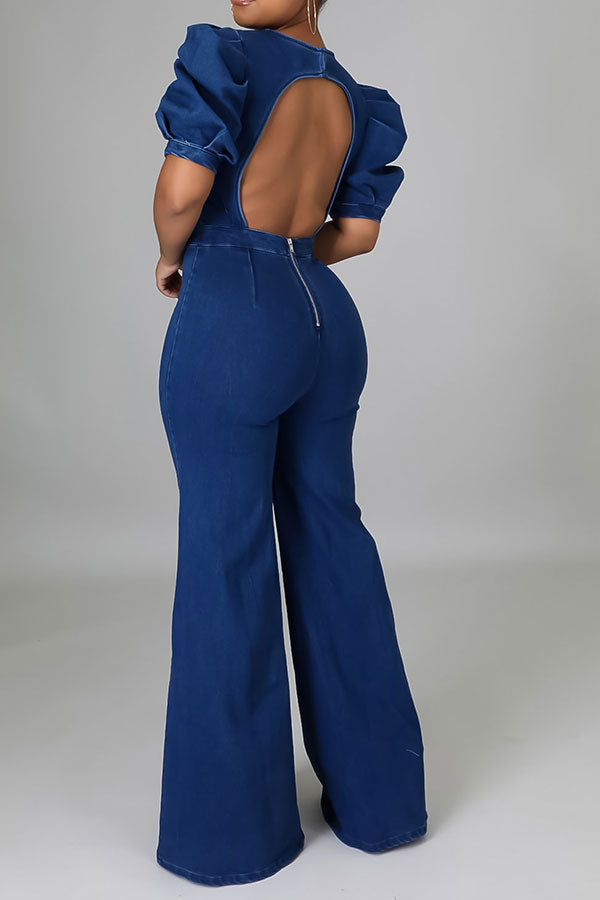 Solid Color Unique Backless Demin Jumpsuit