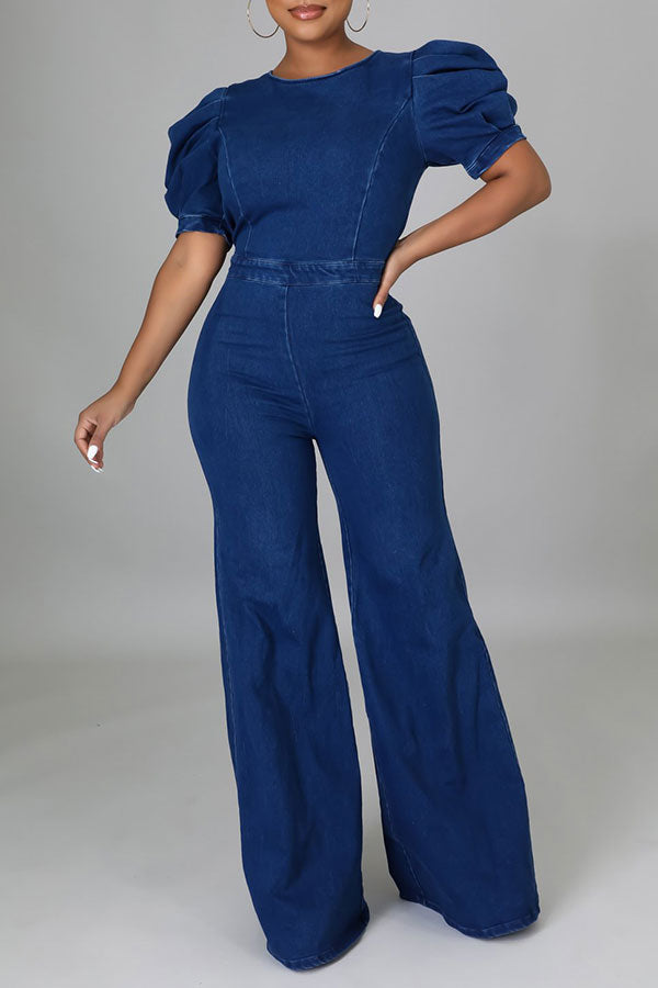 Solid Color Unique Backless Demin Jumpsuit