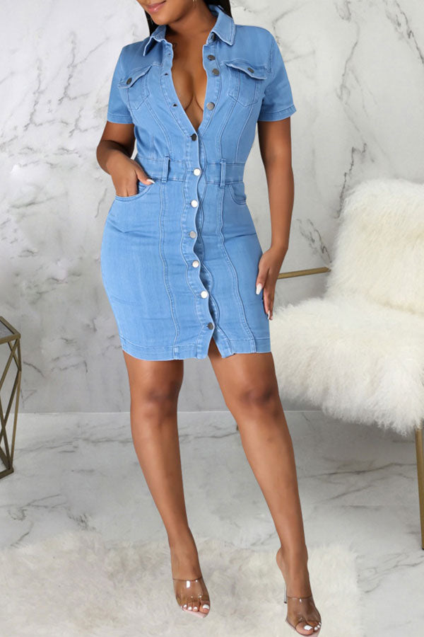 Blue On-trend Single Breasted Denim Mini Dress
