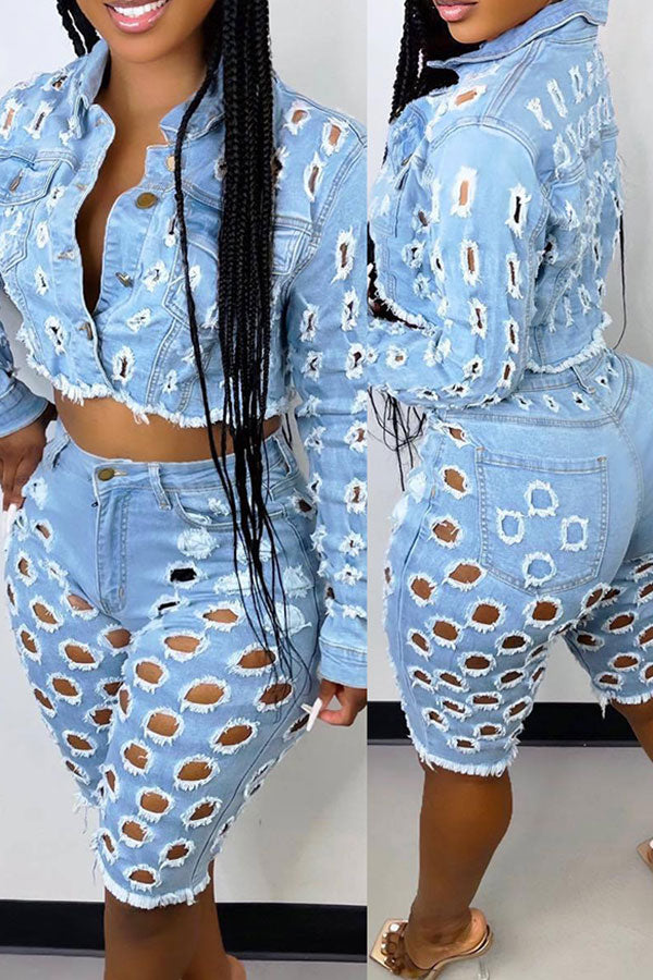 Demin Cutout Boyish Single Breasted Pant Suit