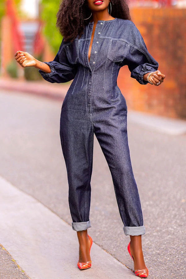 Denim Cool Single Breasted Jumpsuit