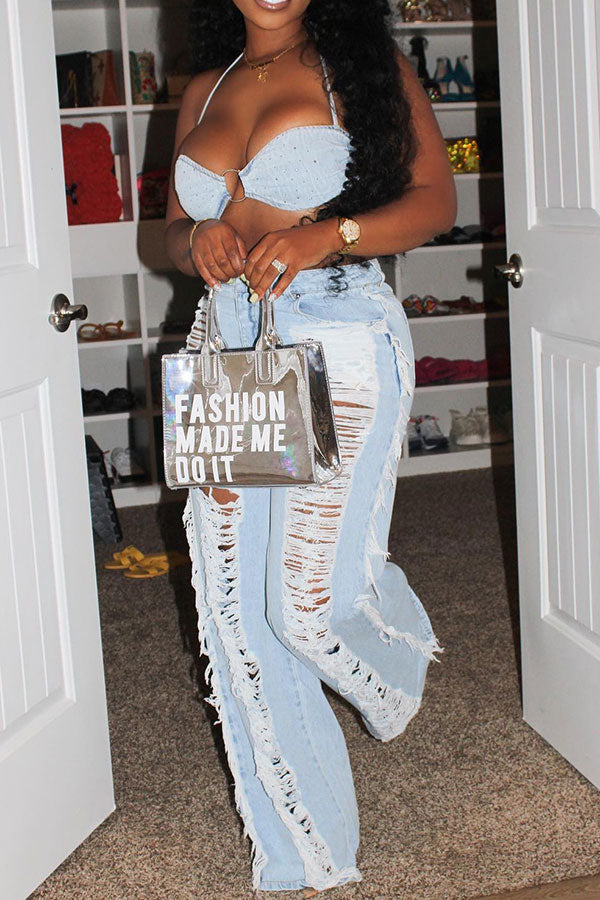 Denim Modern Cutout Pant Suit