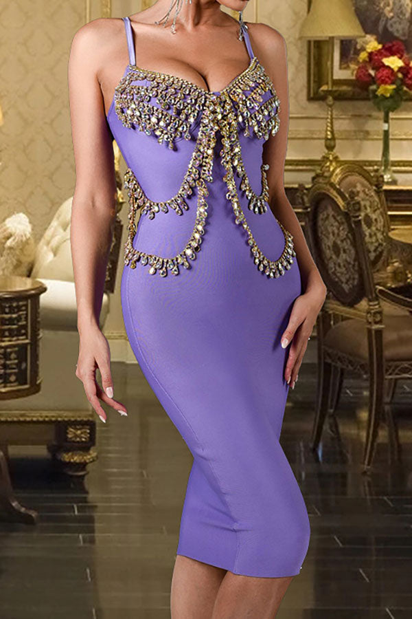 Purple Pretty Rhinestone Midi Dress