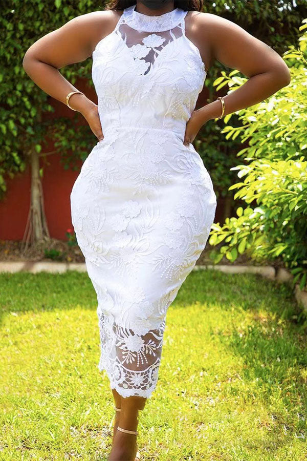 Floral Embroidery Romantic Zip Through Midi Dress