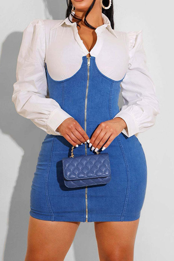 Denim Patchwork Cool Zip Through Mini Dress