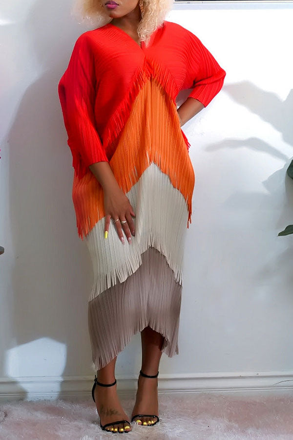 Color Block Boho Tassel Midi Dress