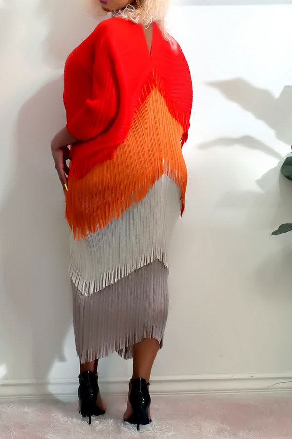 Color Block Boho Tassel Midi Dress