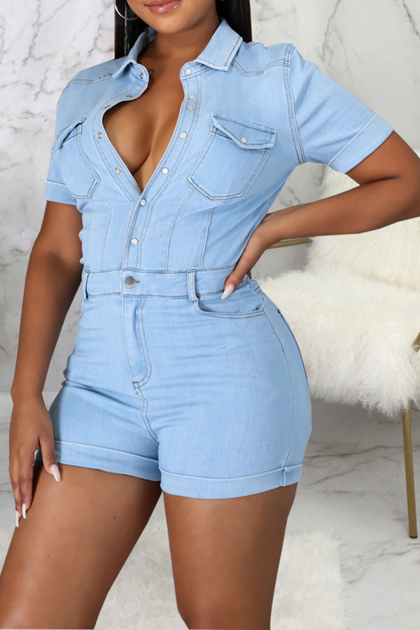 Denim Sporty Single Breasted Romper
