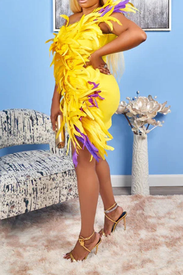 Fluffy Glamorous One Shoulder Mini Dress