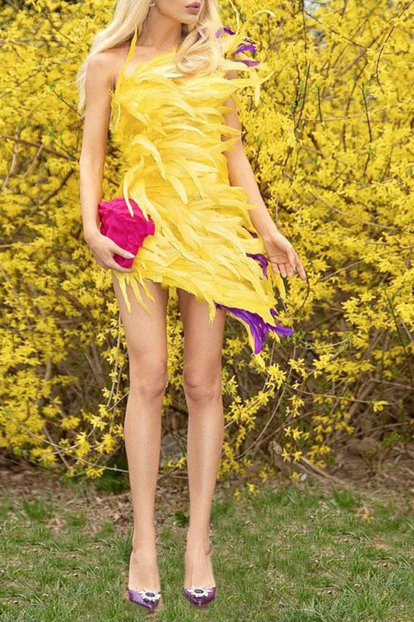 Fluffy Glamorous One Shoulder Mini Dress