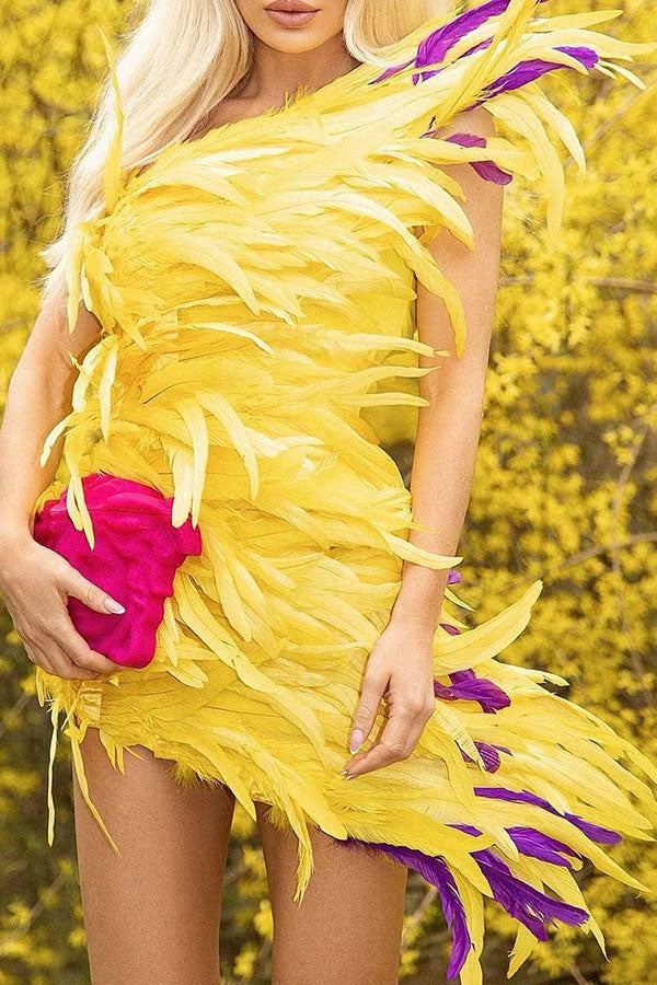 Fluffy Glamorous One Shoulder Mini Dress