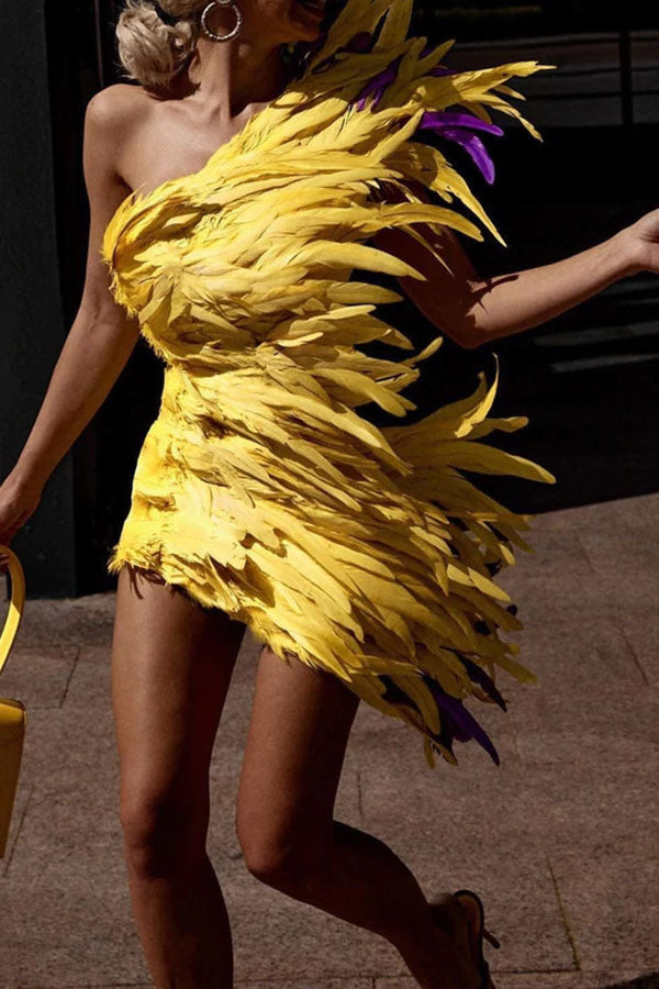 Fluffy Glamorous One Shoulder Mini Dress