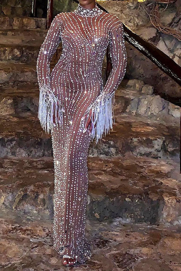 Rhinestone Party Backless Maxi Dress