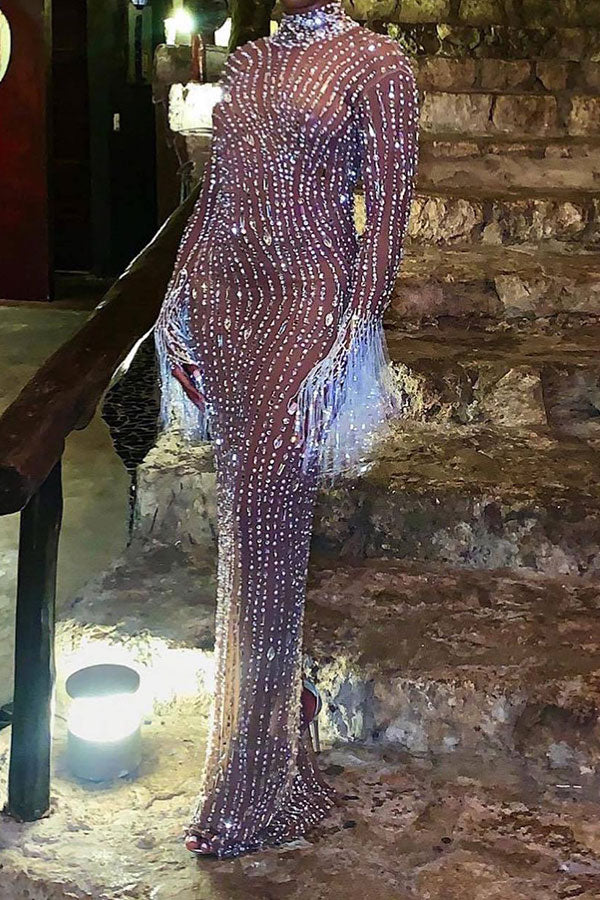 Rhinestone Party Backless Maxi Dress