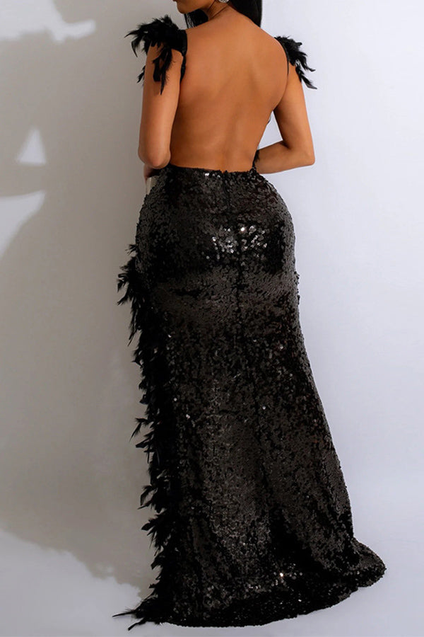 Sequined Glamorous Fluffy Maxi Dress