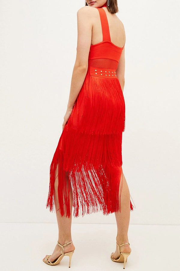 Solid Color Boho Tassel Midi Dress