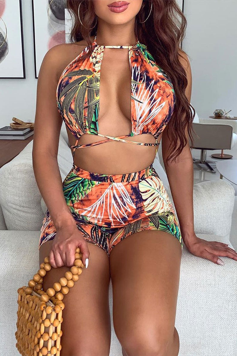 Leaf Print Tropical Strappy Backless Bikini
