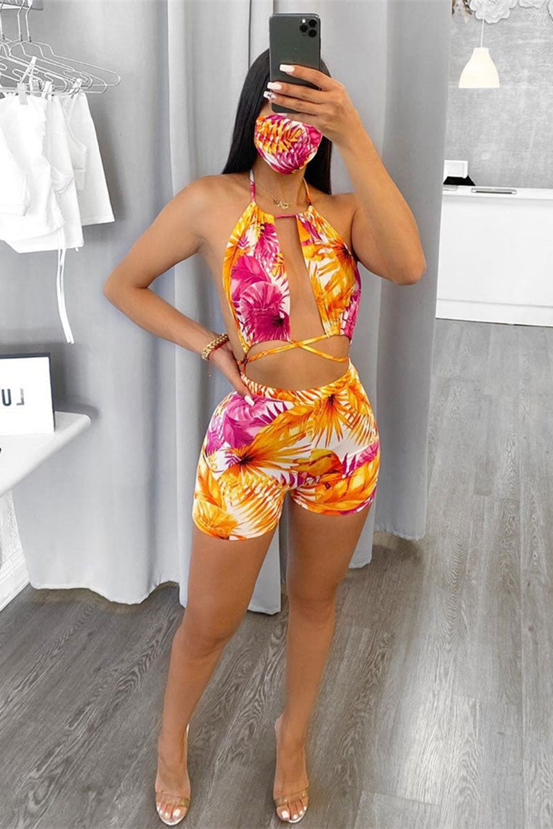 Leaf Print Tropical Strappy Backless Bikini