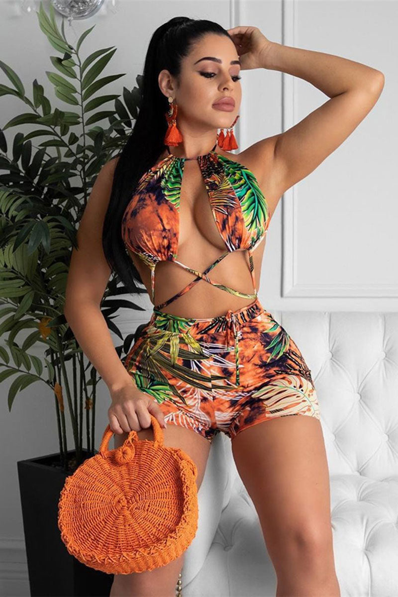 Leaf Print Tropical Strappy Backless Bikini