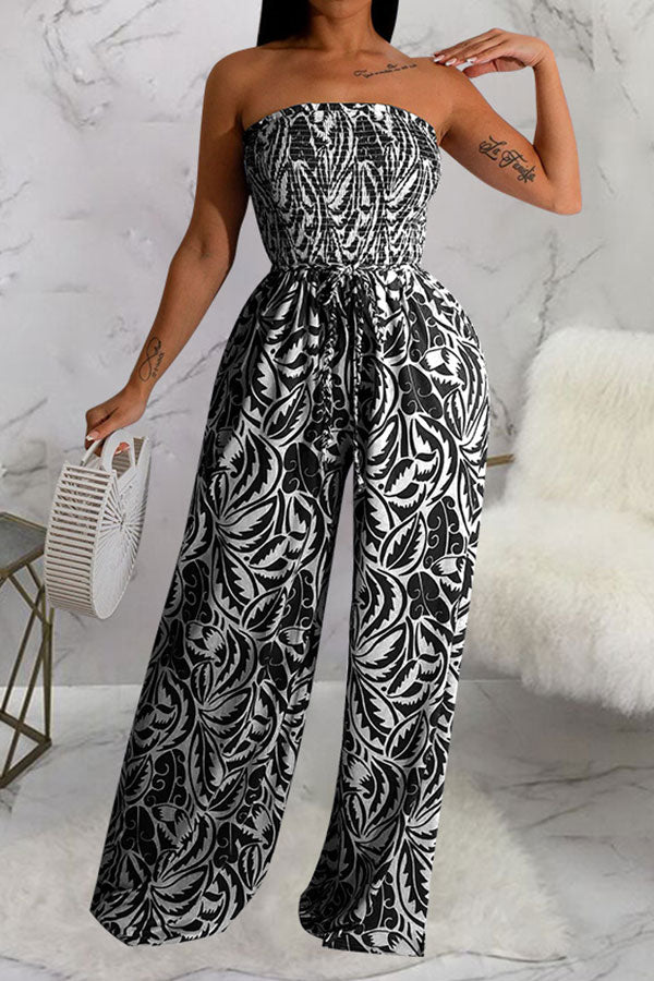 Floral Print Retro Strap Shirred Wide Leg Jumpsuit
