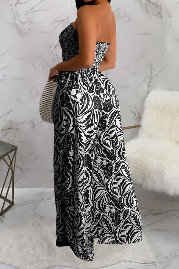 Floral Print Retro Strap Shirred Wide Leg Jumpsuit