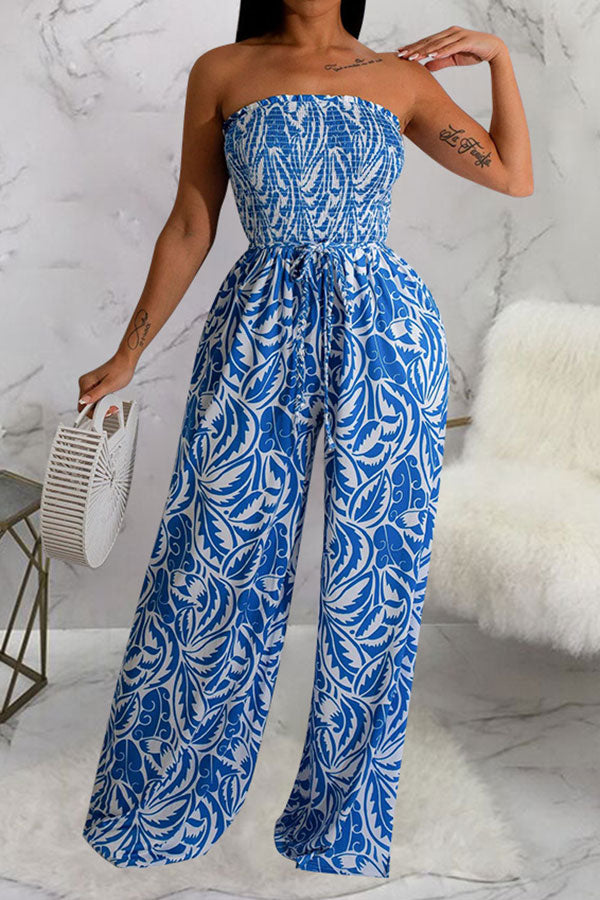 Floral Print Retro Strap Shirred Wide Leg Jumpsuit