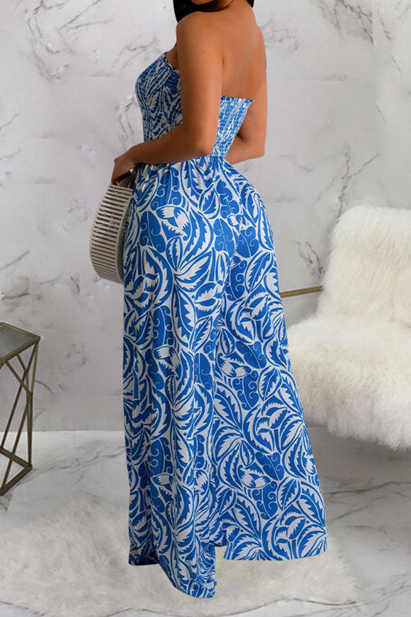 Floral Print Retro Strap Shirred Wide Leg Jumpsuit