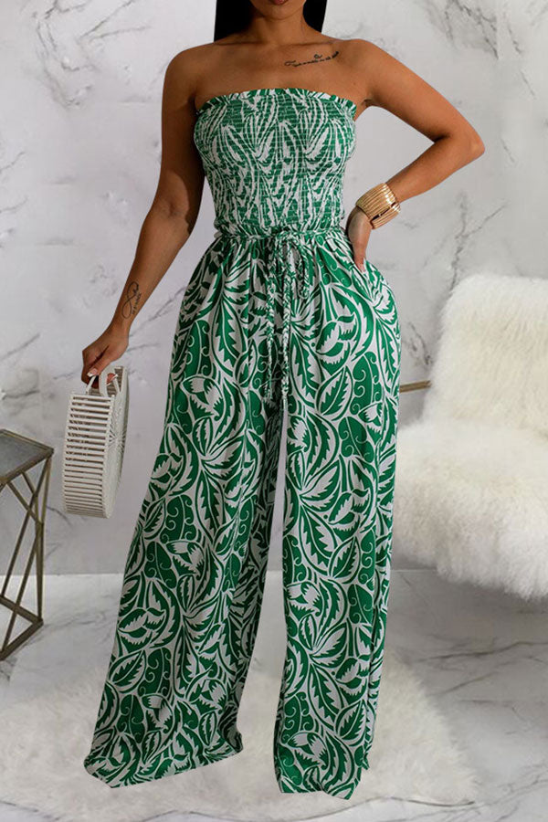 Floral Print Retro Strap Shirred Wide Leg Jumpsuit