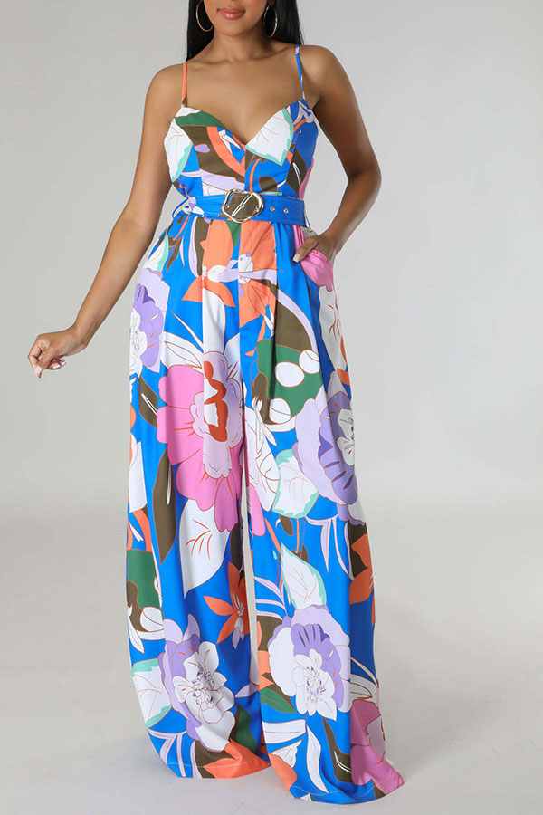 Flower Print Smart Belted Wide Leg Jumpsuit