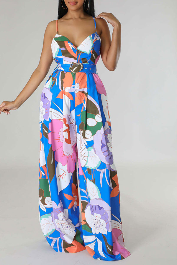 Flower Print Smart Belted Wide Leg Jumpsuit