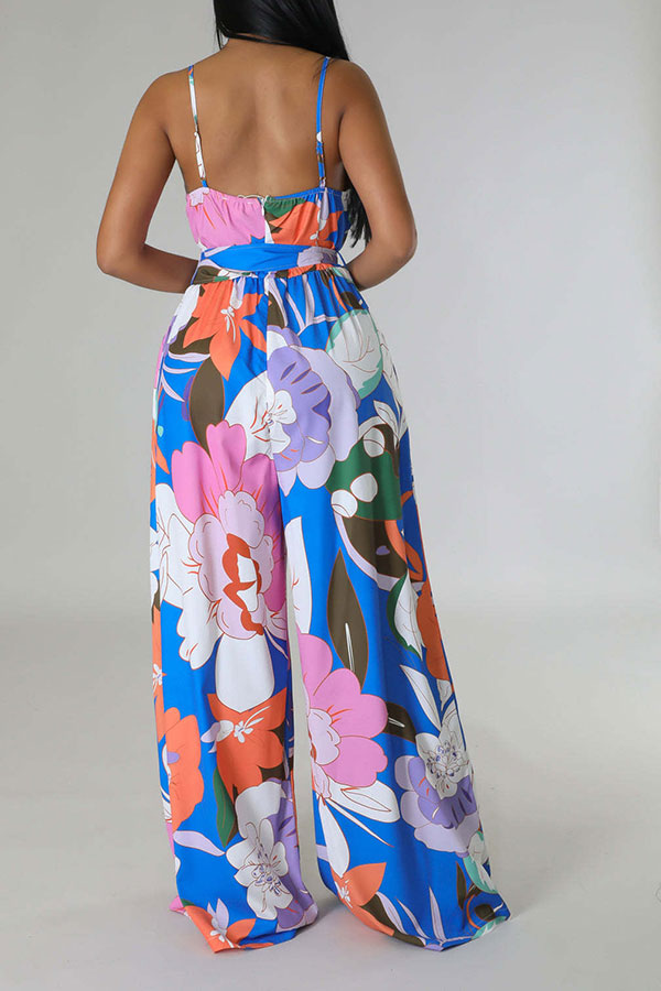 Flower Print Smart Belted Wide Leg Jumpsuit