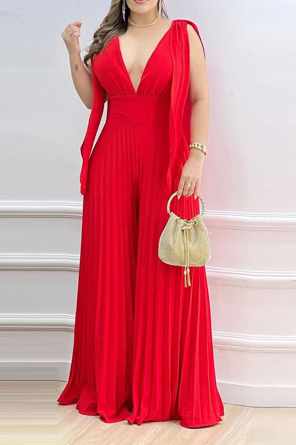 Solid Color Stylish Wide Leg Pleated Jumpsuit