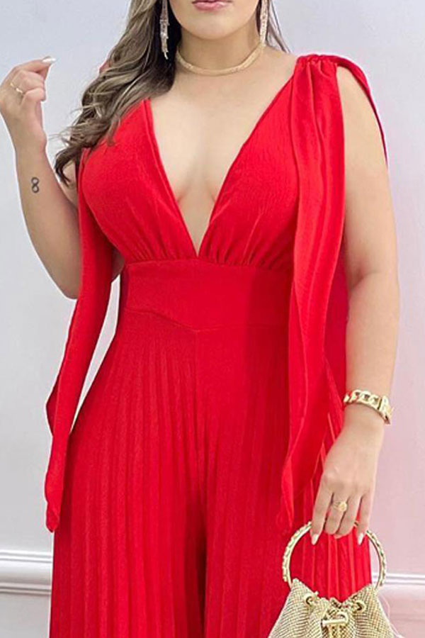 Solid Color Stylish Wide Leg Pleated Jumpsuit