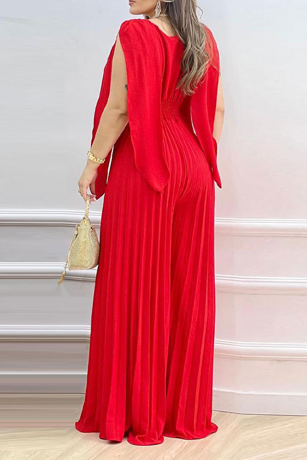 Solid Color Stylish Wide Leg Pleated Jumpsuit