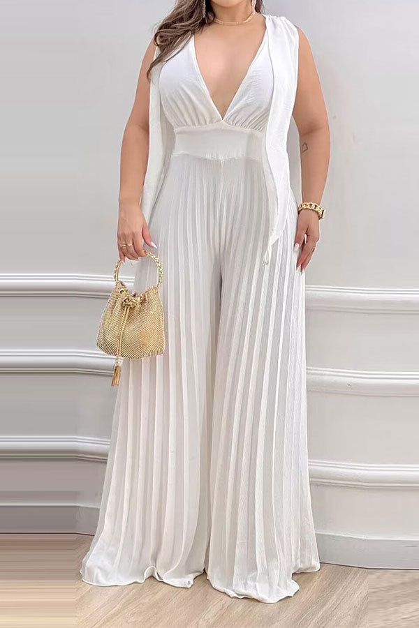 Solid Color Stylish Wide Leg Pleated Jumpsuit