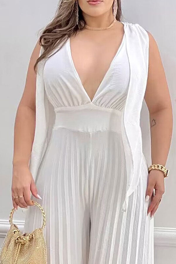 Solid Color Stylish Wide Leg Pleated Jumpsuit
