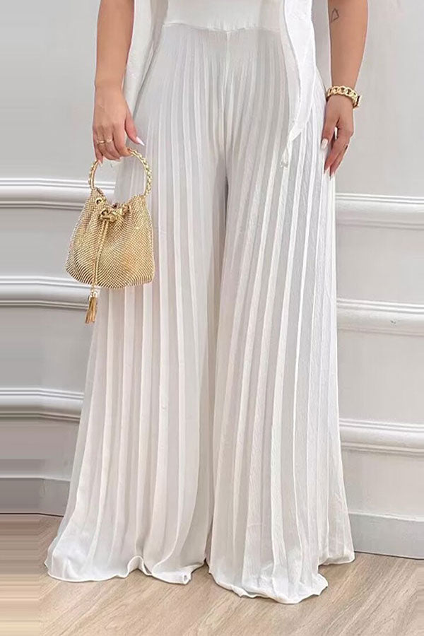 Solid Color Stylish Wide Leg Pleated Jumpsuit