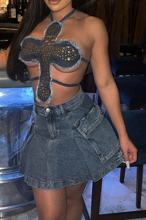 Rivet Design Unique Irregular Denim Camisole