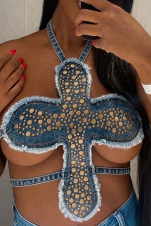 Rivet Design Unique Irregular Denim Camisole
